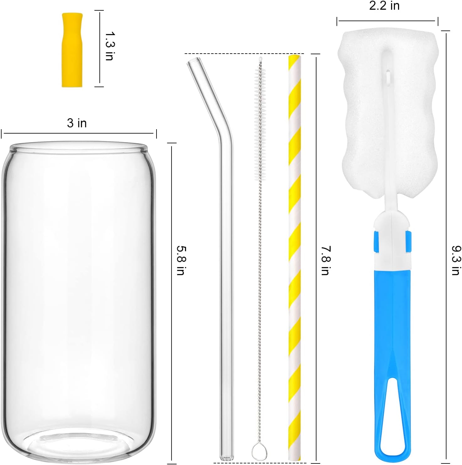 Naeety Glass Cups with Bamboo Lids and Glass Straw, Drinking Glasses Set of 4-16 Oz Beer Can Shaped Glass Cups, Iced Coffee Glasses, Tumbler Cup for Smoothie, Cocktail, Whiskey - 3 Cleaning Brushes - Image 2